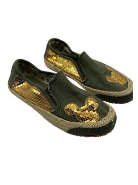 Mickey Mouse Sz 7 Slip On Shoes Green Gold Sequins Espadrille Soles